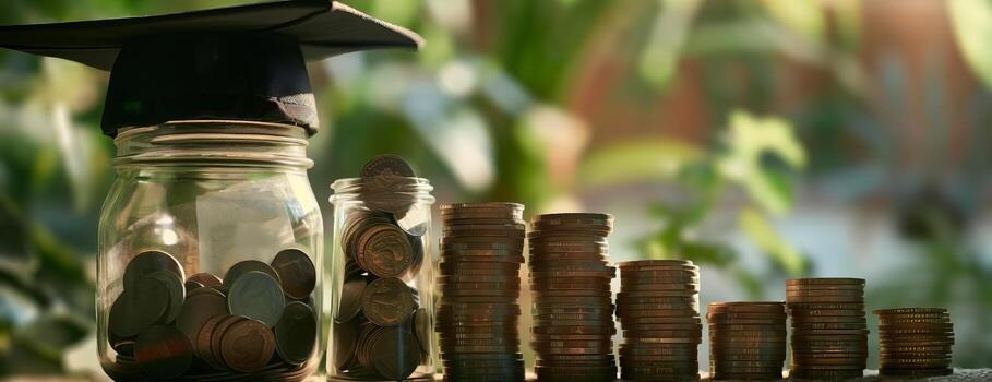 Long shot, focused graduation cap, adjacent jar of coins, ascending money stack in depth, beautifully blurred backdrop, sharp detail, popular surrealism style, emphasizing financial progress photo