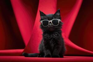 Black kitten with sunglasses on a red background photo