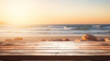 A wooden table surface with a beach and blurred backdrop,Empty wooden table background, product display montage,Background with empty bokeh wooden table.For designers and advertising banner photo