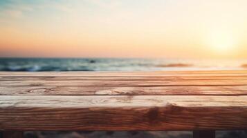 A wooden table surface with a beach and blurred backdrop,Empty wooden table background, product display montage,Background with empty bokeh wooden table.For designers and advertising banner photo