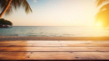 A wooden table surface with a beach and blurred backdrop,Empty wooden table background, product display montage,Background with empty bokeh wooden table.For designers and advertising banner photo