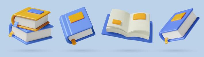 3d books and reading icons collection flying blue textbooks with bookmarks stack open and closed vector