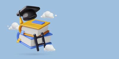 Education background with 3d books stack ladder and graduation cap success growth and study concept vector