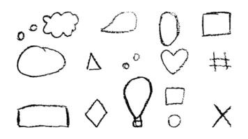 Doodles with the texture of wax chalk. Set elements imitating child drawing. Cloud heart diamond. Doodles abstract shapes. illustration. vector