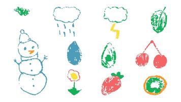 Doodles with the texture of wax chalk. Set elements imitating child drawing. Snowman berries clouds. Doodles abstract shapes. illustration. vector