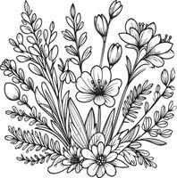 Spring art, monochrome floral pattern. ink illustration hand drawn pencil sketch, branch of botanical collaction simplicity, artistic, coloring book for children and adults vector