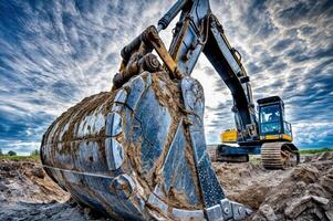 Excavator bucket. An insight into the robust machinery utilized for heavy industry and construction projects, showcased against a stunning dramatic sky background photo