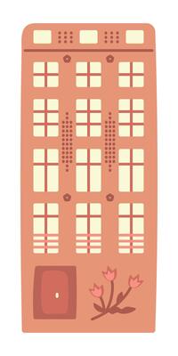 Single Amsterdam orange canal house, typical Dutch architecture. Cute color Netherlands building with tulips, preppy doodle, illustration, author interpretation, experimental art