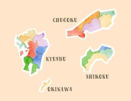 Watercolor map of Japan, Chugoku, Shikoku, Kyushu, Okinawa vector