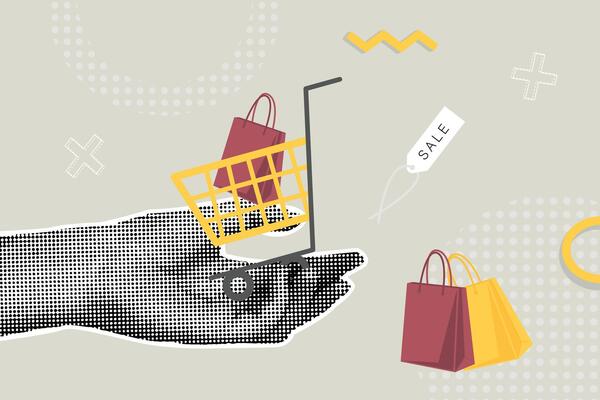 Trendy halftones business concept collage. illustration of online sales, sale time, increase sales, retro shopping time. Creative concept for web banner, social media banner, marketing material
