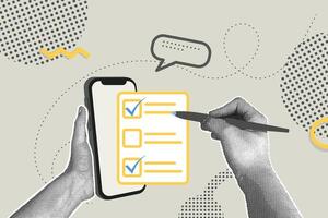 Trendy halftone collage. Hand holding phone,used for paperless online approval . Document management concept. business concepts for graphic and web design, marketing and print materials, social vector