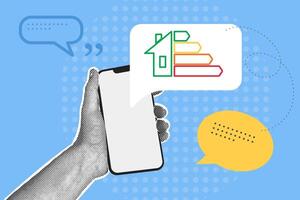 Trendy halftone collage. Energy efficiency concept. Man uses smartphone with virtual energy efficiency rating screen vector