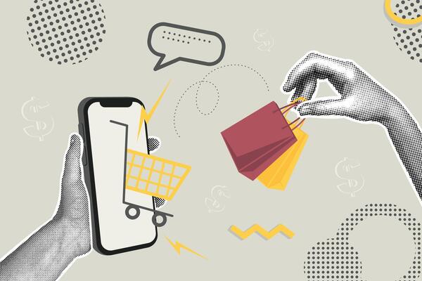 Trendy halftone business concept collage. Retro style illustration of online sales, sales, sales increase, financial profit, global strategy. Creative concept for web banner, social media