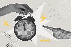 Trendy halftone collage. A hand holds a ringing alarm clock. Time, hurry up. business concepts for graphic and web design, marketing and print materials, social media. vector