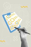 Trendy halftone collage.Planning concept. To-do list and business planning project, pen. accomplishment of tasks, check marks. Achievements and goals. Questionnaire. vector