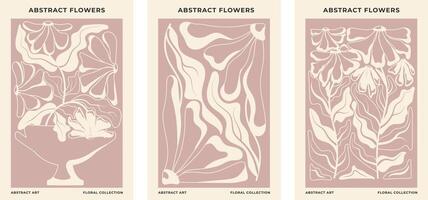 Set of 3 abstract floral posters.Floral botanical illustration in beige color. Modern poster and background in trendy naive retro hippie 60's 70's retro style. vector