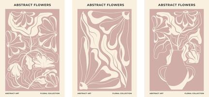 Set of3 abstract floral posters.Floral botanical illustration in one color. Modern poster and background in trendy naive retro hippie 60's 70's retro style. vector