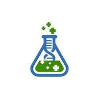 Science beaker and DNA logo with a blue and green substance. Perfect for educational materials, science blog posts, or laboratory related designs and presentations. vector
