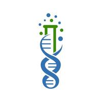 Science beaker and DNA logo with a blue and green substance. Perfect for educational materials, science blog posts, or laboratory related designs and presentations. vector