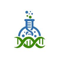 Science beaker and DNA logo with a blue and green substance. Perfect for educational materials, science blog posts, or laboratory related designs and presentations. vector