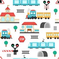 railway transport seamless pattern. Funny railroad transportation repeating background with train, steam train, tunnel for kids. Cute rail vehicles texture with semaphore, barrier vector