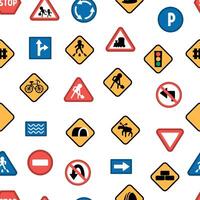road signs seamless pattern. Railway and traffic street repeating background. Cute highway rules texture with traffic lights, stop, construction works plates, arrows vector