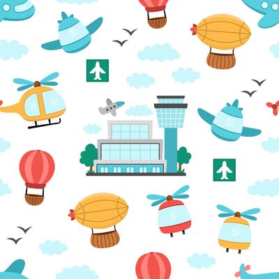air transport seamless pattern. Funny transportation repeating background with plane, zeppelin, helicopter, hot air balloon, clouds, airport for kids. Cute airborne vehicles texture