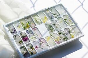 ice mold with frozen flowers. Ice cubes for cooling on a summer day photo