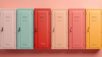 Row of colorful school lockers against a pink wall. photo