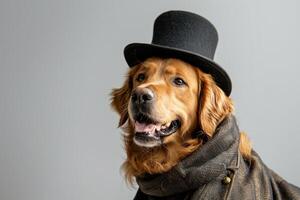 Happy Dog wearing Victorian Gentleman costumes, studio lighting, isolated on white background, stock photographic style photo
