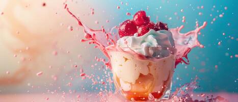 Sundae, rising, bullet shot, solid pastel background photo