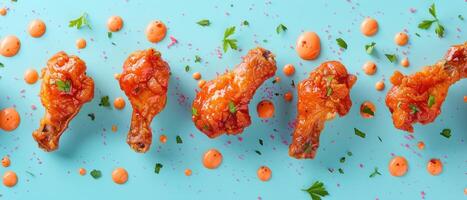 Chicken wings, rising, bullet shot, solid pastel background photo