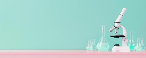 Microscope and beakers on a pink surface with a turquoise background. photo
