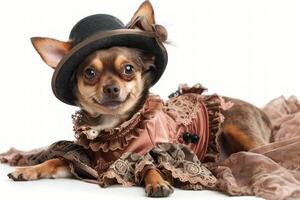 Happy Dog wearing Victorian Lady costumes, studio lighting, isolated on white background, stock photographic style photo