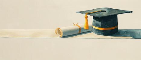 Graduation cap and diploma on a white surface. photo