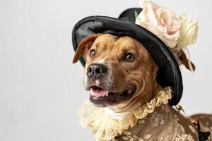 Happy Dog wearing Victorian Lady costumes, studio lighting, isolated on white background, stock photographic style photo