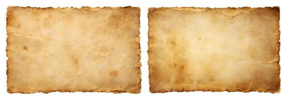 Set of two aged, worn and soiled paper scraps isolated on a white background. photo