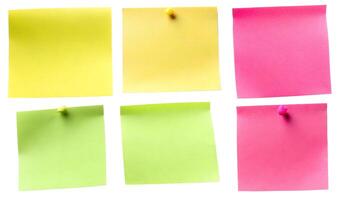 Set of clear and sticky post-it notes, notes on white background. Business discussion, teamwork, brainstorming concepts. photo