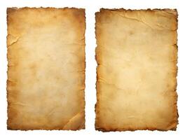 Set of two aged, worn and soiled paper scraps isolated on a white background. photo