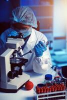 professional chemist woman laboratory using scientific microscope for science research, chemistry scientist with microbiology medicals equipment technology to working with medicine biology experiment photo