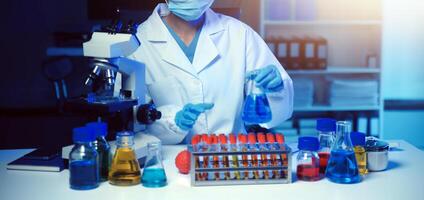 professional chemist woman laboratory using scientific microscope for science research, chemistry scientist with microbiology medicals equipment technology to working with medicine biology experiment photo