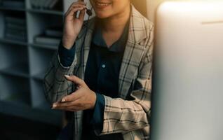 Call center, computer and business with woman in office for customer service, technical support and advice. Technology, contact us and communication with employee operator in help desk agency photo