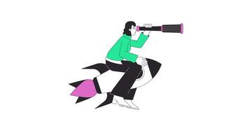 Startup launch line 2D animation. Indian woman with spyglass riding rocket 4K motion graphic. Boosting successful business project linear animated cartoon flat concept, white background video