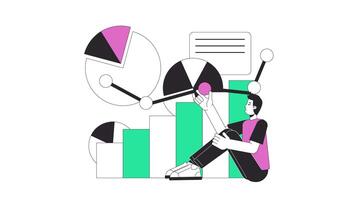 Data analytics line 2D animation. Caucasian man studying business information diagrams 4K motion graphic. Commercial infographics linear animated cartoon flat concept, white background video