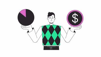 Investing in startups line 2D animation. Doubting caucasian man comparing data and money 4K motion graphic. Business project profit linear animated cartoon flat concept, white background video