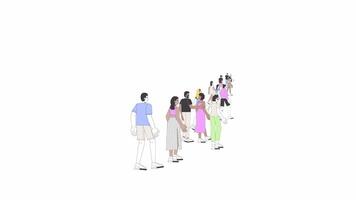 Multicultural people walking strolling line 2D characters animation. Diverse tourists going away flat color cartoon 4K , alpha channel. Sightseeing adults animated people on white background video