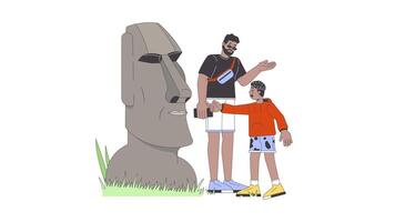 African american son and dad visit moai statue line 2D characters animation. Easter island tour flat color cartoon 4K , alpha channel. Black family on trip animated people on white background video