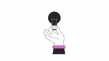 Glowing lightbulb holding line 2D character hand animation. Generating creative ideas flat color cartoon 4K , alpha channel. Lighting equipment showing animated hand on white background video