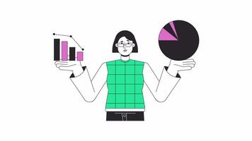 Business data comparison line 2D animation. Korean female with bar cart and circular diagram 4K motion graphic. Information analytics linear animated cartoon flat concept, white background video