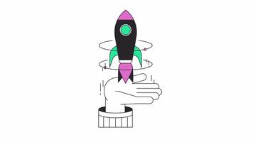 Rocket launch supporting line 2D character hand animation. Business startup development flat color cartoon 4K , alpha channel. Spaceship boosting from animated hand on white background video